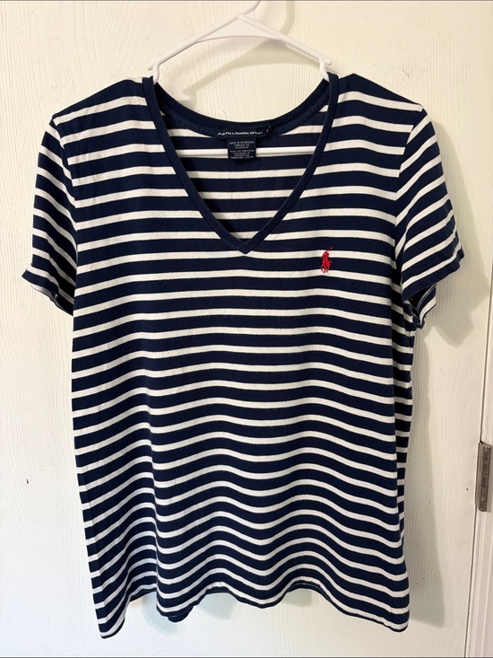 Ralph Lauren Tops - Ralph Lauren Sport Vintage Stripe Navy White V Neck Tee Like New Size XL